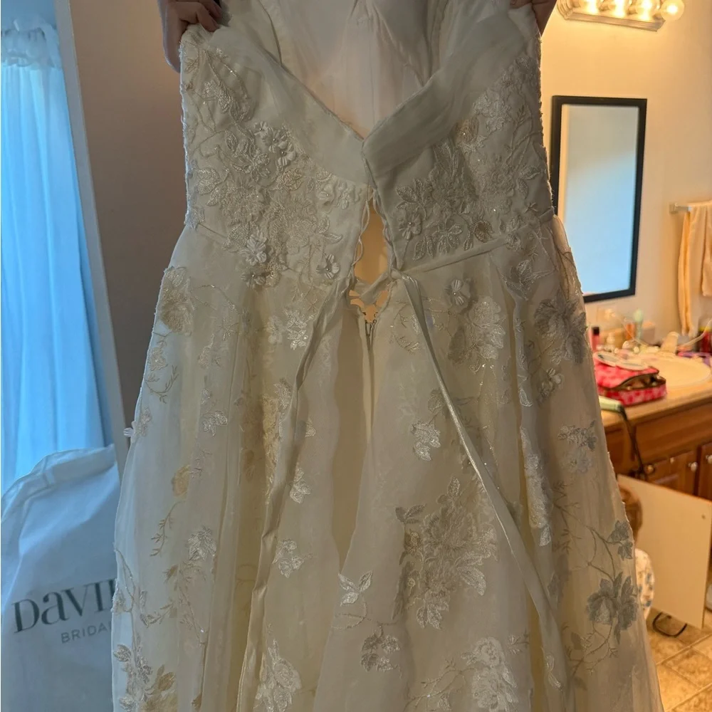 Oleg Cassini Strapless Embroidered Lace Wedding Dress in Ivory - Picture 3 of 11